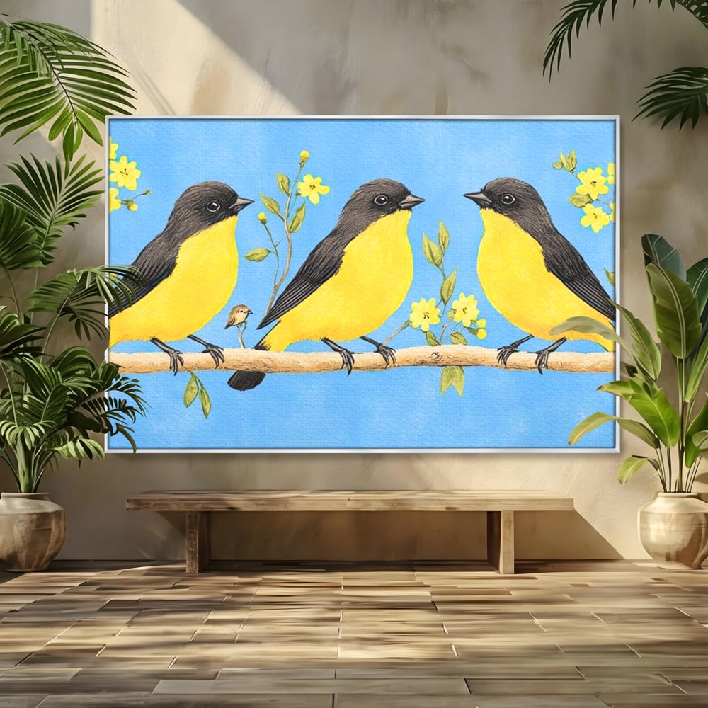 Tablou canvas cu tablou canvas cu trei pasari pe ramura, in rama de aluminiu argintiu